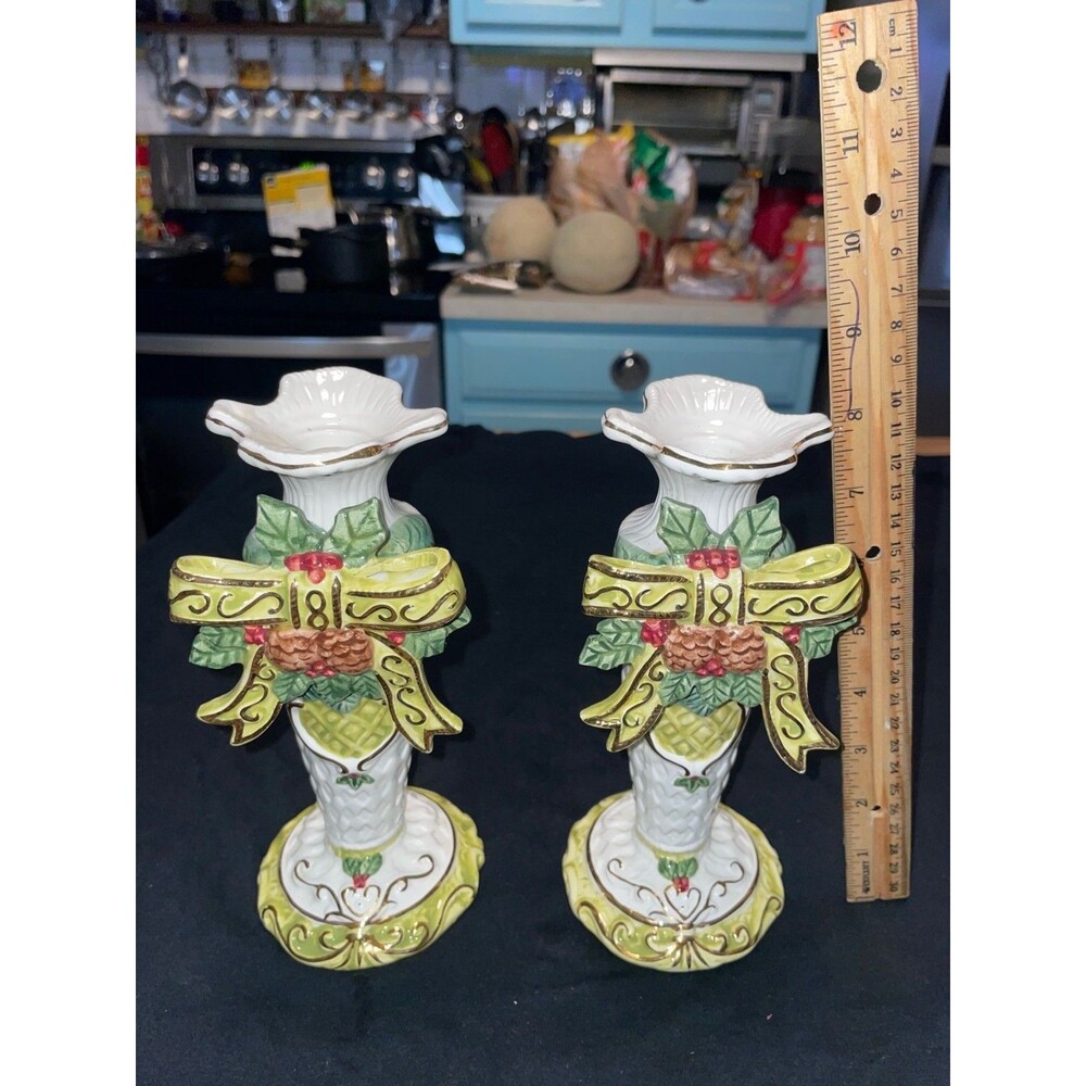 Set of 2 Classic Traditions brand ceramic Christmas candlesticks